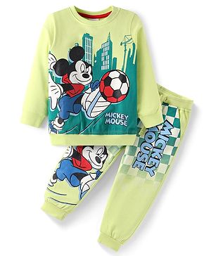 Babyhug Disney Single Jersey Knit Full Sleeves T-Shirt & Lounge Pant Set With Mickey Mouse Graphics - Light Green