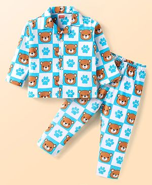 Babyhug Cotton Knit Full Sleeves Bear Printed Night Suit - Aqua Blue