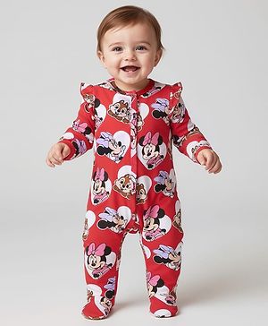 Babyhug Disney Interlock Knit Full Sleeves Front Open Footed Sleep Suit with Minnie Mouse Print & Frill Detailing - Red