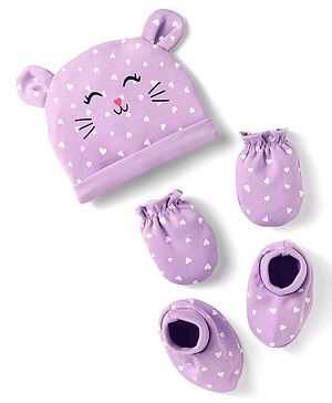 Babyhug 100% Cotton Interlock Knit Cap Mittens & Booties Set With Cat Face Print Purple - Diameter 10 cm Babyhug 100% Cotton Interlock Knit Cap Mittens & Booties Set With Cat Face Print Purple - Diameter 10 cm