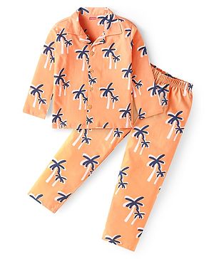 Babyhug Cotton Knit Full Sleeves Front Open Night Suit with Coconut Tree Print - Orange