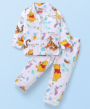Babyhug Disney Single Jersey Knit Full Sleeves Night Suit With Winnie & Friends Print - White