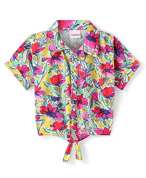 Babyhug Rayon Woven Half Sleeves Knotted Top With Floral Print - Dark Pink