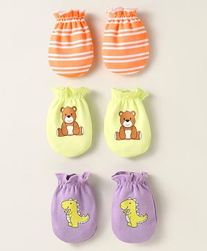 Babyhug Interlock Mittens With Animal Print Pack of 3 - Orange Green & Purple