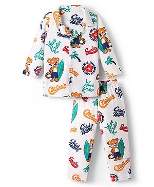 Babyhug Cotton Knit Full Sleeves Front Open Co-ords Night Suit with Beach Theme Print - White