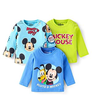Babyhug Disney Single Jersey Full Sleeves T-Shirts With Mickey Mouse Graphics Pack of 3 - Blue Green & Light Blue