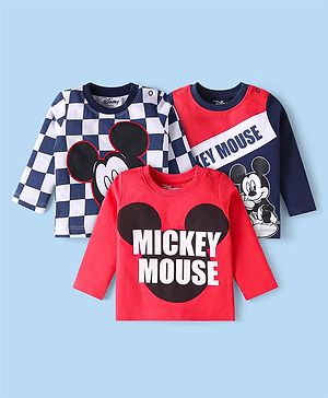 Babyhug Disney Single Jersey Knit Full Sleeves T-Shirt with Mickey Mouse Print Pack of 3 - White Navy Blue & Red
