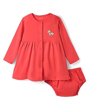 Babyhug Single Jersey Knit Full Sleeves Front Open Frock With Unicorn Print & Bloomer - Dark Pink