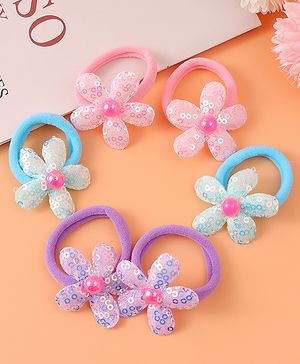Babyhug Hair Rubber Bands With Floral Applique Pack of 6 - Blue PInk & Purple