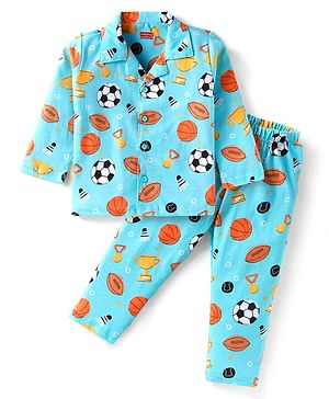 Babyhug Cotton Knit Full Sleeves Night Suit With Sports Theme Print - Light Blue