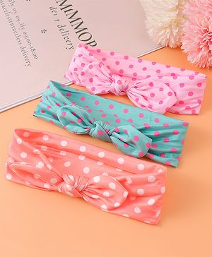 Babyhug Headbands with Bow Applique & Polka Dots Print Free Size Pack of 3 - Pink Mint & Peach