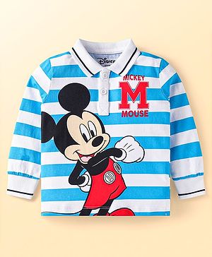 Babyhug Disney Single Jersey Knit Full Sleeves Polo T-Shirt with Striped & Mickey Mouse Print -White & Blue
