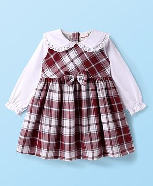 Babyhug Cotton Knit Full Peasant Sleeves Peter Pan Collared Frock with Bow Applique - Maroon