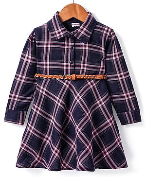 Babyhug Cotton Woven Full Sleeves Checks Print Frock -  Navy Blue