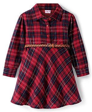 Babyhug Cotton Woven Full Sleeves Checkered Frock With Collar Neck - Dark Red