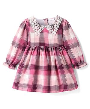 Babyhug Cotton Woven Full Sleeves Checkered Frock with Crochet Detailing - Pink