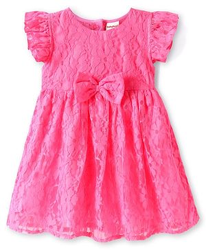 Babyhug Cotton Woven Frilled Sleeves Frocks with Bow Applique -  Dark Pink