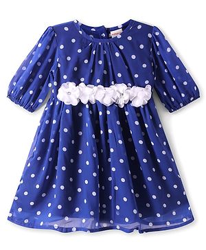 Babyhug Cotton Woven Half Sleeves Frock with Polka Dots Print & Floral Applique - Blue