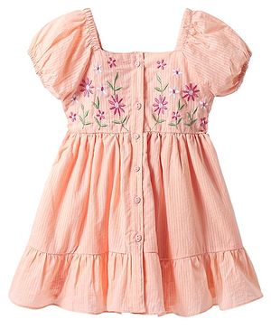 Babyhug Cotton Woven Half Puffed Sleeves Anti Bacterial Frock with Floral Embroidery - Peach