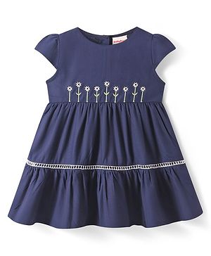 Babyhug Cotton Woven Cap Sleeves Frock with Floral Embroidery - Navy Blue