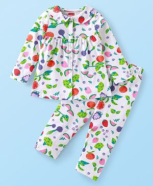 Babyhug Cotton Knit Full Sleeves Night Suit With Floral Print - White