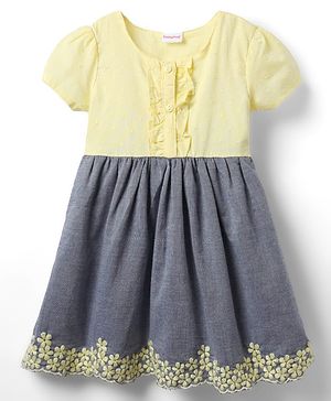Babyhug Cotton Woven Half Sleeves Frock With Floral Embroidery - Yellow & Blue
