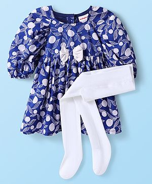 Babyhug Cotton Woven Three Fourth Sleeves Leaf Printed Dress With Bow Applique & Stockings - Navy Blue