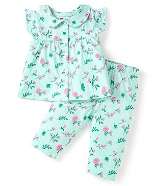Babyhug Cotton Knit Frill Sleeves Night Suit with Peter Pan Collar & Floral Print - Light Green