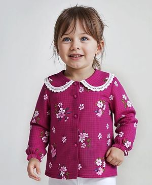 Babyhug Woven Full Sleeves Top with Floral Print & Peter Pan Collar - Dark Pink
