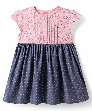 Babyhug Cotton Woven Cap Sleeves Frock with Floral & Polka Dots Print - Pink
