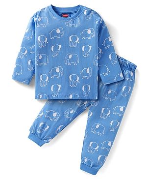 Babyhug Cotton Knit Full Sleeves Night Suit with Elephant Print - Blue