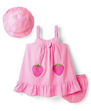 Babyhug Cotton Woven Knee Length Checks Print Frock With Bloomers & Hat - Pink
