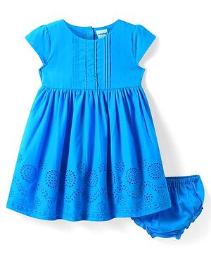 Babyhug Cotton Knit Cap Sleeves Solid Colour Frock With Bloomer - Blue