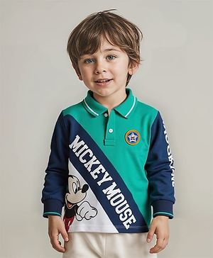 Babyhug Disney Single Jersey Knit Full Sleeves Polo T-Shirt with Mickey Mouse Graphic & Badge Detailing - Navy Blue