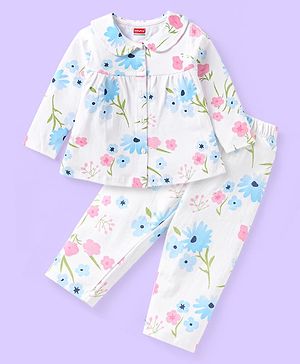 Babyhug Cotton Knit Front Open Full Sleeves Peter Pan Collar Night Suit with Floral - White