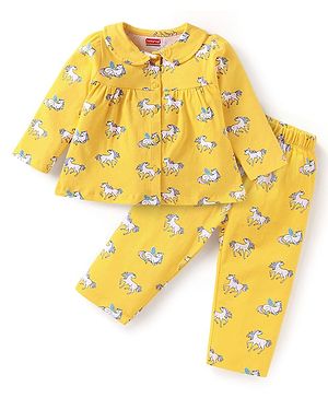 Babyhug Cotton Knit Full Sleeves Front Open Night Suit with Unicorn Print - Yellow