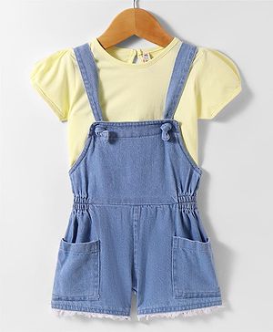 Enfance Solid Pocket Detailed Dungaree With Half Sleeves Tee - Lemon Yellow