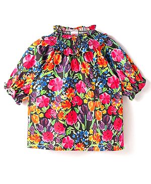 Babyhug Rayon Woven Half Raglan Sleeves Top with Floral Print & Smock Detailing - Black