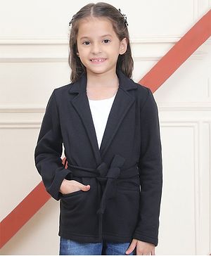 Mini & Ming Full Sleeves Solid Belted Winter Coat - Black