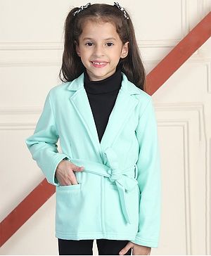 Mini & Ming Full Sleeves Solid Belted Winter Coat - Aqua Blue