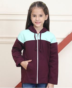 Mini & Ming Fleece Full Sleeves Colour Blocked Hooded Sweatshirt With Front Zipper - Wine