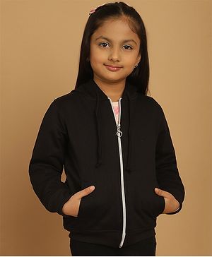 Mini & Ming Fleece Full Sleeves Solid Hooded Sweatshirt - Black