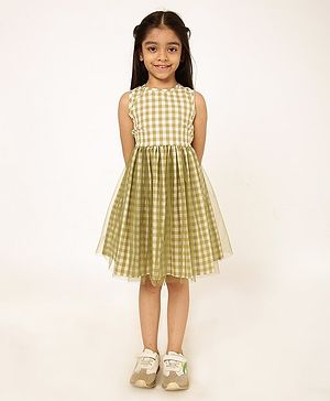 A Little Fable Fern Tulle Cotton Sleeveless Checked Dress - Olive Green