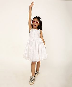 A Little Fable Grace Dobby Cotton Sleeveless Polka Dots Embroidered Dress - White