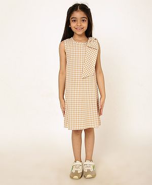 A Little Fable Cotton Sleeveless Bow Applique Detailed Checked Dress - Beige