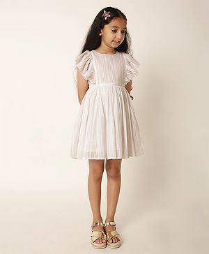 A Little Fable Cotton Flutter Sleeves Thread Work Embroidered Dress - White