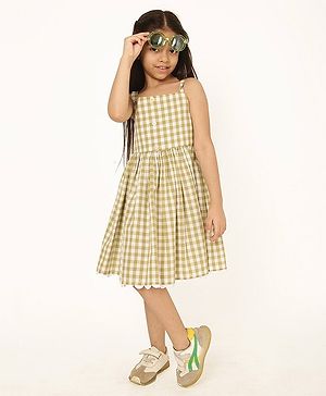 A Little Fable Cotton Sleeveless Gingham Checked Dress - Olive Green