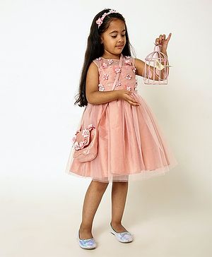 A Little Fable Sleeveless Floral Applique Detailed Dress - Peach