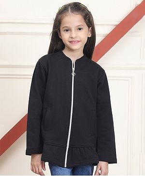 Mini & Ming Fleece Full Sleeves Solid Sweatshirt With Front Zipper - Black