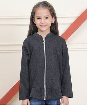 Mini & Ming Fleece Full Sleeves Solid Sweatshirt With Front Zipper - Grey